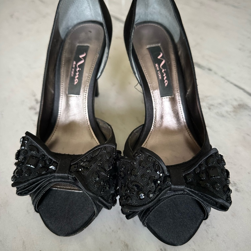 Nina Black Beaded Bow Heels